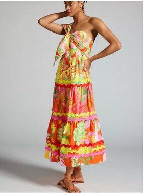 Farm Rio One Shoulder Tiered Cotton Colorful Dress size L